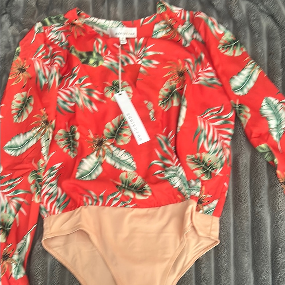ADELYN RAE Bodysuit- Orange and Green Tropical Print perfect for a vacation.
